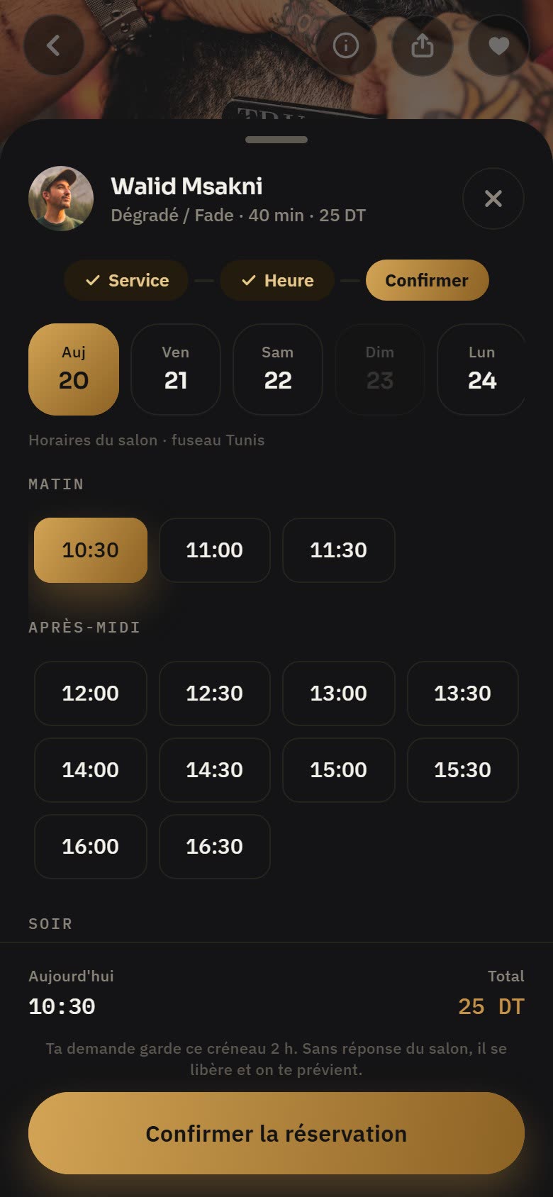 La grille des créneaux dans l'app