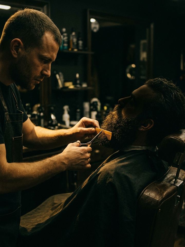 Barbe sculptée aux ciseaux, profil dans l'ombre
