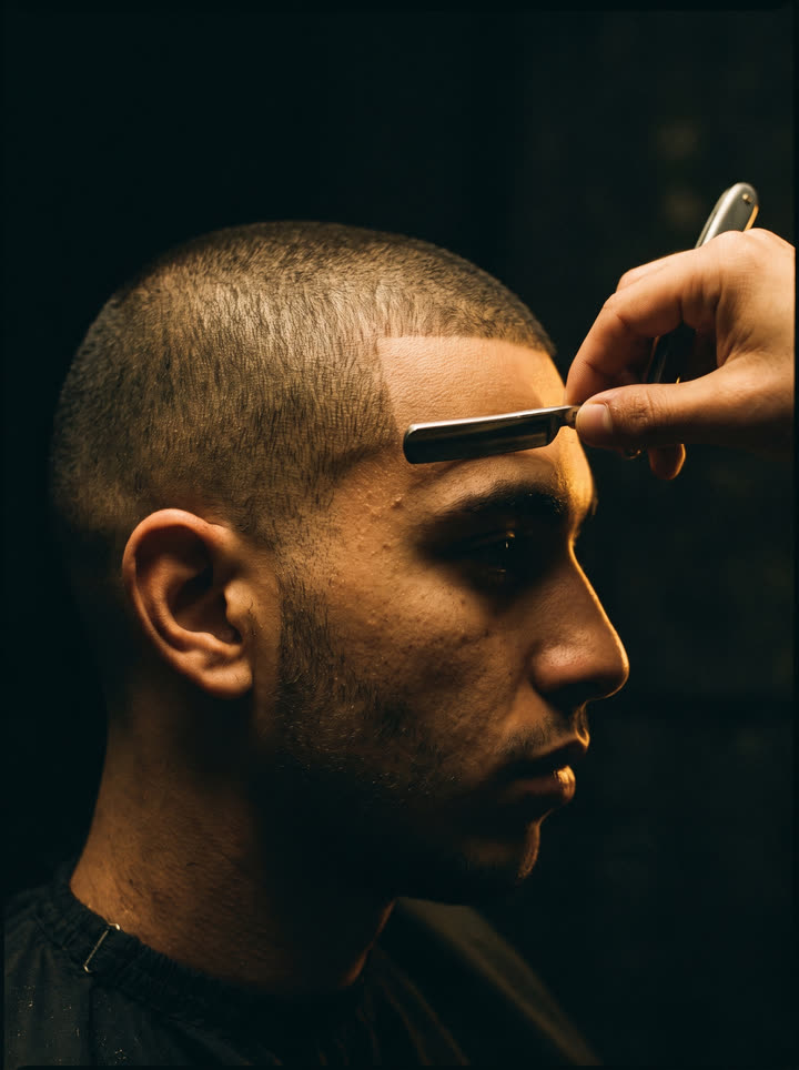 Buzz cut au rasoir, ligne impeccable sous une lumière laiton
