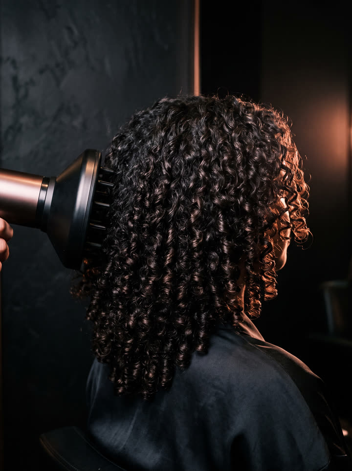 Boucles définies au diffuseur, liseré cuivre sur fond onyx
